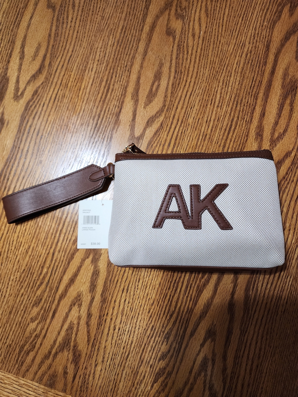 ANNE KLEIN Canvas Wristlet in Beige and Brown LARGE POUCH COSMETIC BAG NWT